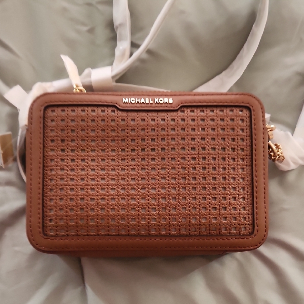 Michael Kors Brown Woven Crossbody Bag with Gold Hardware